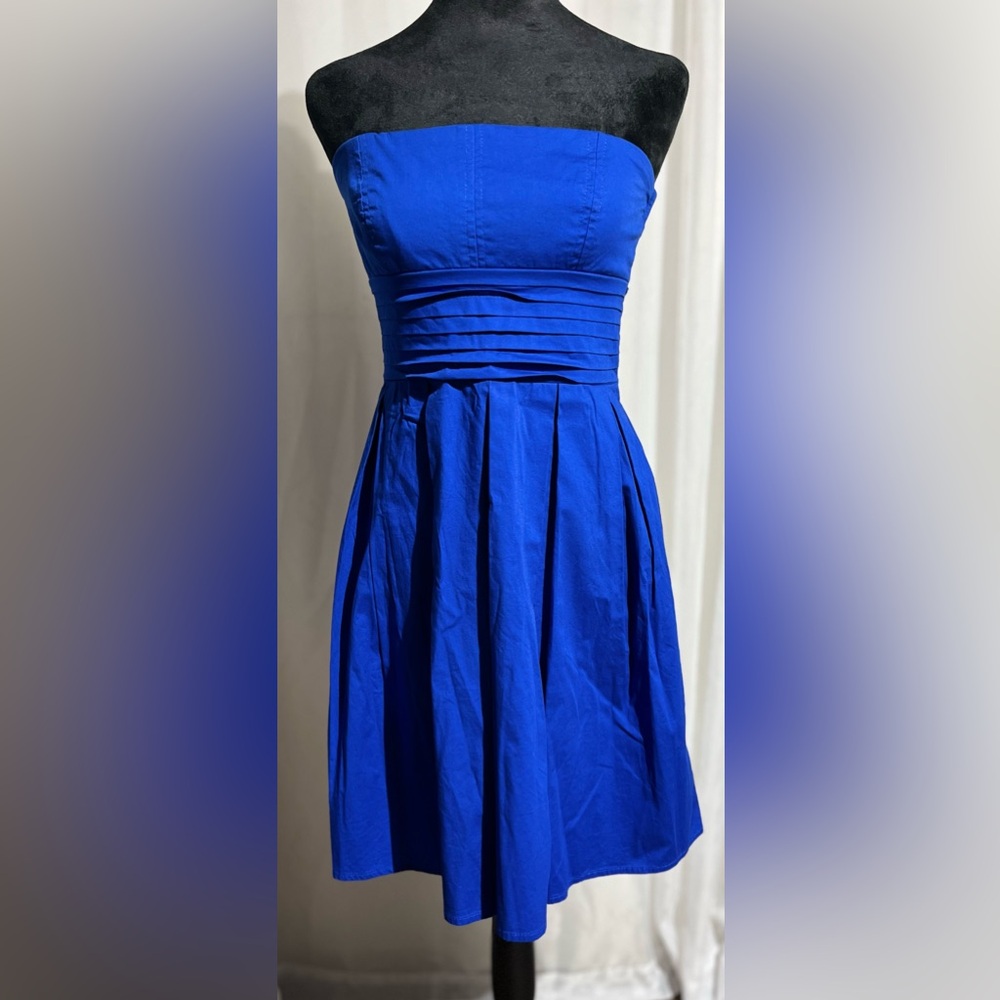 Preloved-Cobalt Blue Strapless Dress, Above Knee with Zip Up Back and Tie Waist.